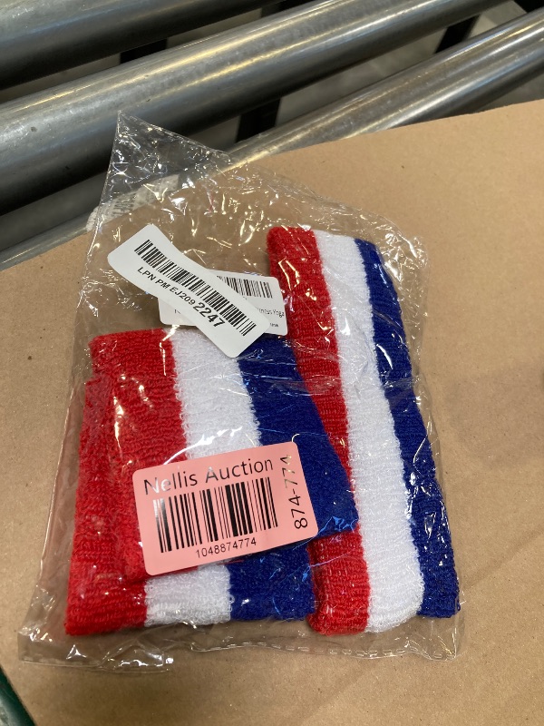 Photo 1 of 5 Pieces Red White and Blue Sweatbands Set and Striped Socks 80s Sweatbands 90s Costume Wrist Sweat Bands for Men and Women Sports Headbands (Red/White/Blue)