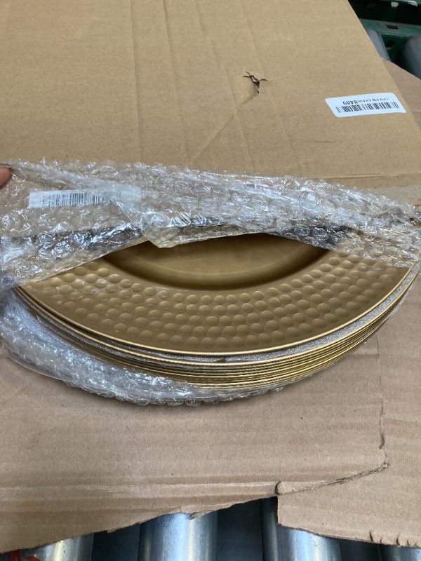 Photo 1 of Nicunom 12 Pack Gold Charger Plates, 13 Inch Round Charger Plates with Hammered Rim, Plastic Charger Plate for Wedding Dinner Party Event Decoration