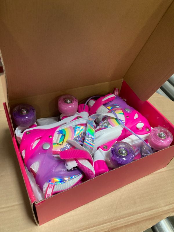Photo 1 of SULIFEEL Rainbow Unicorn 4 Size Adjustable Light up Roller Skates for Girls Boys for Kids Beginners Rollerskates Pink Small