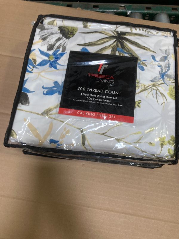 Photo 1 of Tribeca Living California King Bed Sheet Set, 300 Thread Count Soft Cotton Sateen, Floral Print with Extra Deep Pockets, 4-Piece Bedding Set, Amalfi Blue/Multicolor