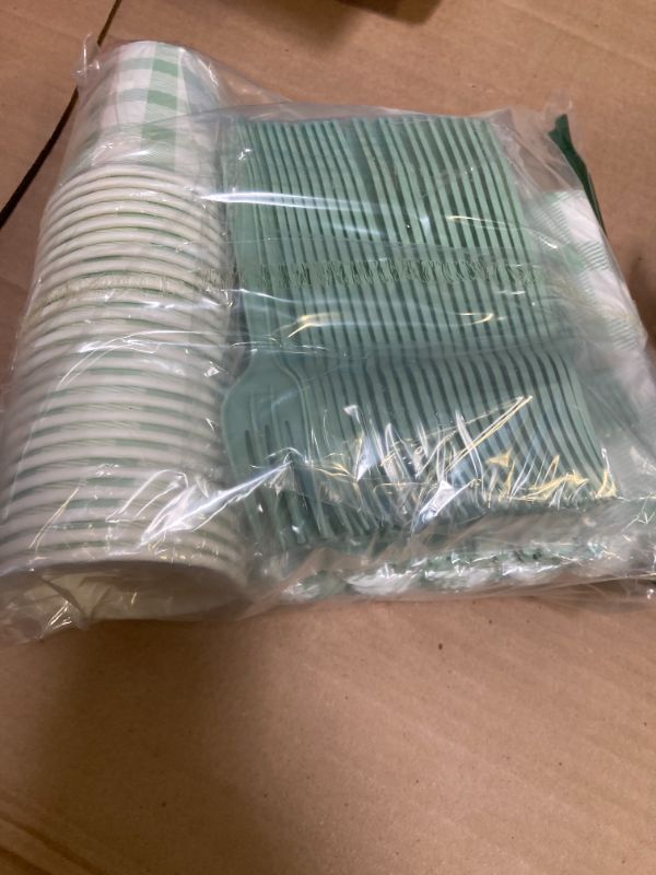 Photo 1 of 168Pcs Gingham Party Supplies for 24 Guests Thick Paper Plates and Napkins Knives Spoons Forks Cups Disposable Party Set Cutlery for Dinner Baby Shower Wedding Favor(Sage Green)