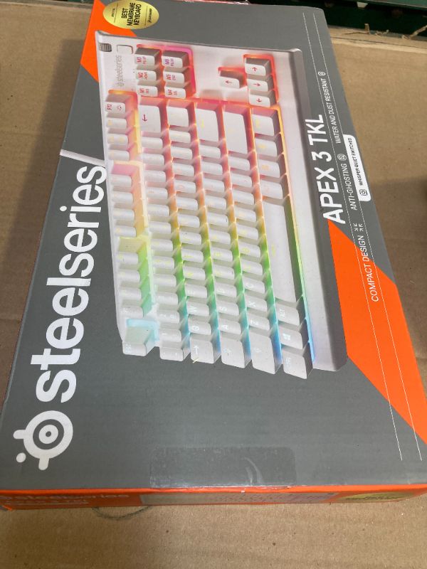 Photo 1 of SteelSeries Apex 3 TKL White RGB Gaming Keyboard — Tenkeyless Compact Form Factor — 8-Zone RGB Illumination — Water and Dust Resistant — Whisper-Quiet Gaming Switch