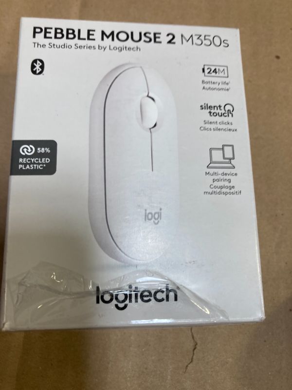 Photo 1 of Logitech Pebble Mouse 2 M350s Slim Bluetooth Wireless Mouse, Portable, Lightweight, Customizable Button, Quiet Clicks, Easy-Switch for Windows, macOS, iPadOS, Android, Chrome OS - Tonal White