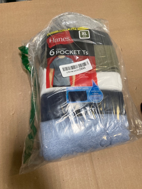 Photo 1 of Hanes Men's T-Shirt, Moisture-Wicking Cotton Crewneck Pocket Tees, 6-Pack, Grey Heather, Black, Hiker Green Heather, White, Navy, Blue Heather