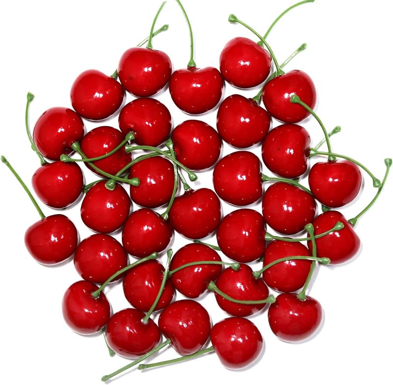 Photo 1 of 50Pcs Artificial Red Cherries 30mm/1.18inch Simulation Lifelike Cherry Fake Fruit for Home Kitchen Dining Decoration (Red)

