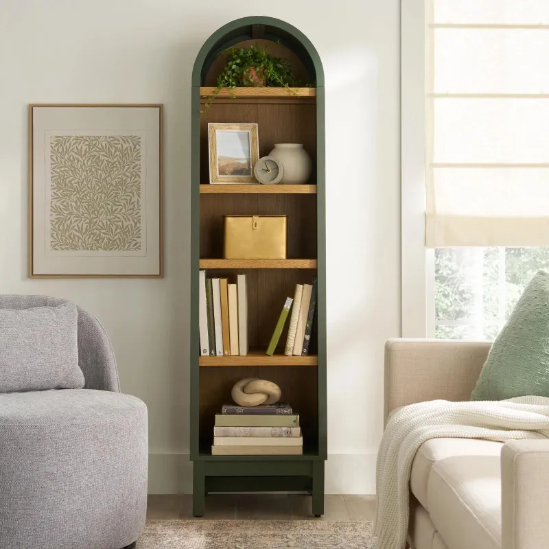 Photo 1 of Elegant Juliet Wooden Narrow Arched Bookcase Adjustable Shelving Light Green
