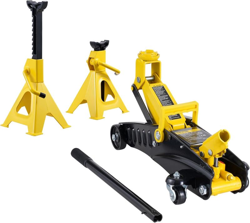 Photo 1 of VEVOR Low Profile Floor Jack 2 Ton (4400 lbs), Heavy Duty Iron Hydraulic Racing Floor Jack, Hydraulic Car Jack with Jack Stands, Single Piston Quick Lift Pump, 4.6"-12.8" Height Lifting Range (Yellow)
