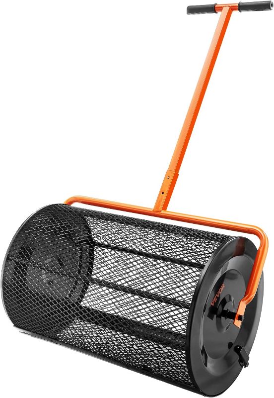 Photo 1 of VEVOR Compost Spreader, 24.4-25.6" Height Adjustable Handle, 24" Wide, Lawn and Garden Peat Moss Roller with Side Latches, Powder Coated Steel Mesh Basket for Spreading Manure, Topsoil, Black
