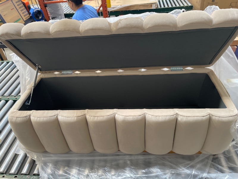 Photo 1 of Modern Upholstered Storage Bench, Cream Ottoman with Metal Legs, Channel Tufted Footstool for Living Room (Beige 
