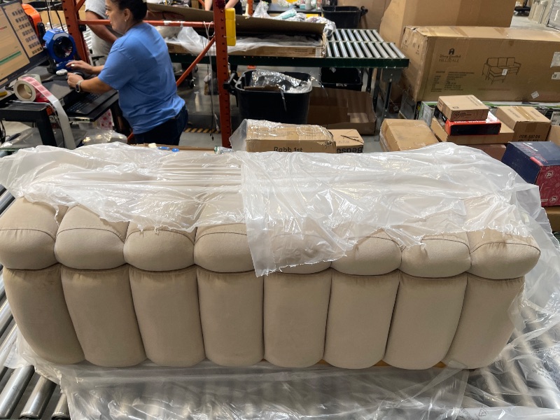 Photo 1 of Modern Upholstered Storage Bench, Cream Ottoman with Metal Legs, Channel Tufted Footstool for Living Room (Beige