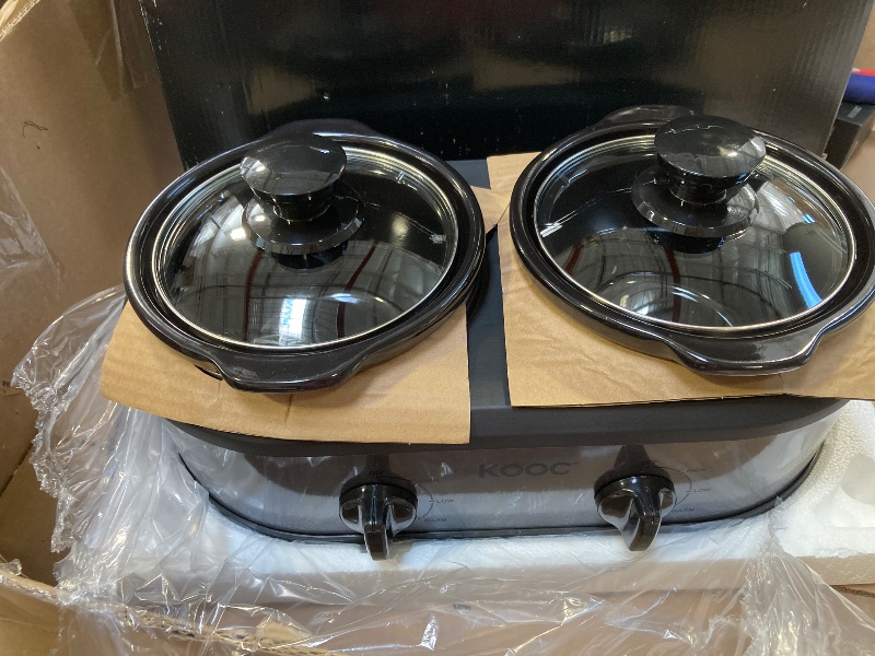 Photo 1 of KOOC Double Small Slow Cooker, Buffet Server and Warmer, 2 Mini Pots with 3 Individual Adjustable Temp, Dual Ceramic Pots, Free Liners for Easy Clean-up, Stainless Steel, Total 2.5 Quart, Grey, Round