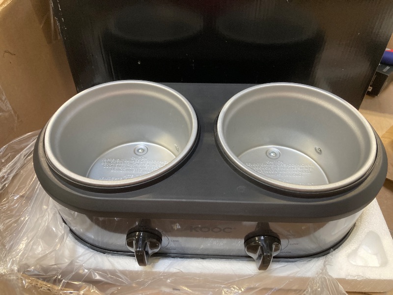Photo 1 of KOOC Double Small Slow Cooker, Buffet Server and Warmer, 2 Mini Pots with 3 Individual Adjustable Temp, Dual Ceramic Pots, Free Liners for Easy Clean-up, Stainless Steel, Total 2.5 Quart, Grey, Round