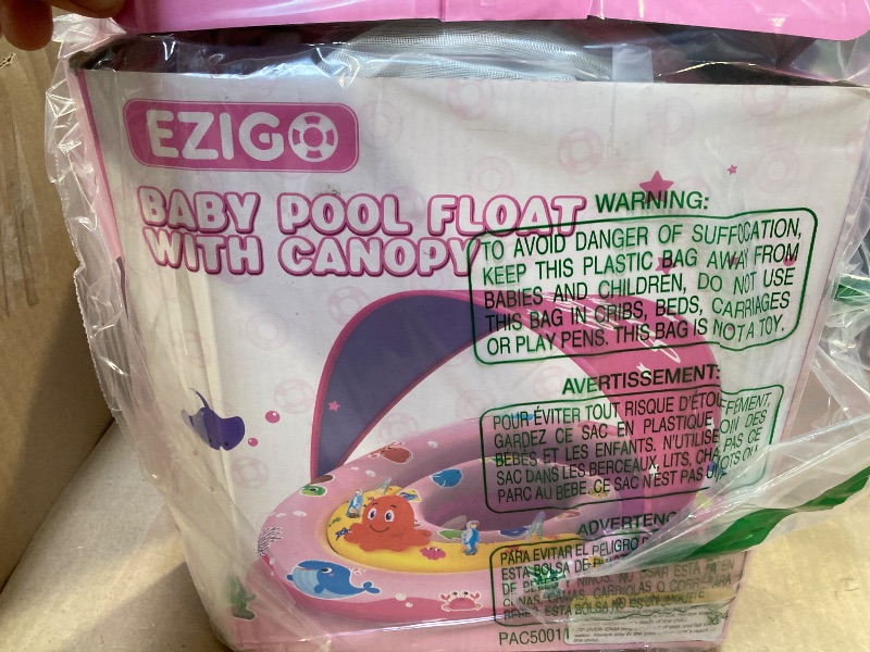 Photo 1 of EZIGO Baby Pool Float with Canopy UPF50+ Sun Protection, Inflatable Kids Pool Floats with Ocean Animal Toys for Baby 6-36 Months, Infant Swimming Float with Adjustable Safety Seat for Boys Girls Pink