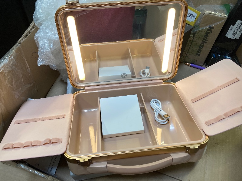 Photo 1 of Kalolary Travel Makeup Train Cases with Lighted Mirror 3 Color Setting, Makeup Bag Cosmetic Case Organizer Adjustable Brightness Portable Makeup Storage Box For Makeup Brushes Accessories Tools,Pink