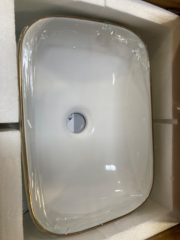 Photo 1 of Small Vessel Sink Rectangular - Fulorni 15"x10" Bathroom Vessel Sink Rectangle with Gold Rim Above Counter White Ceramic Porcelain Vanity Sink Basin