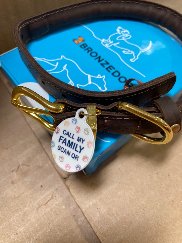 Photo 1 of 1pc  BronzeDog Rolled Leather Dog Collar with QR ID Tag, Adjustable Soft Round Collars for Small Medium Large Dogs Puppy (11" - 14 1/2" Neck Size, Brown)