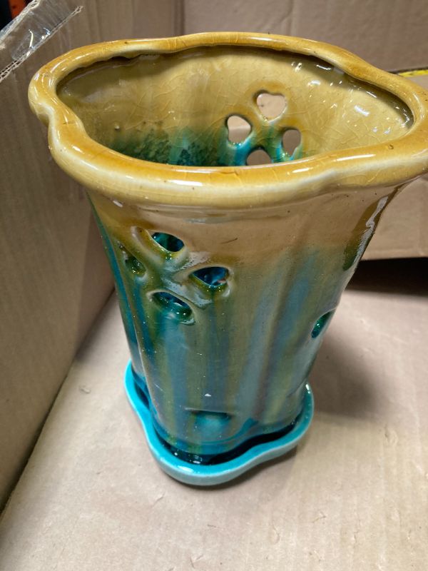 Photo 1 of Fowargif Ceramic Orchid Pot, Round Green Planter with Saucer, 5.7x5.7x8.5 inches, Blue