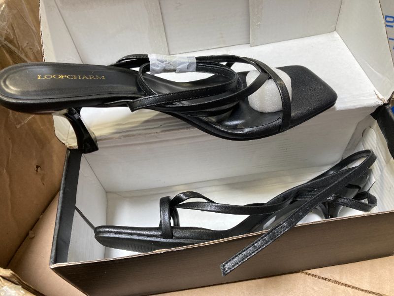 Photo 1 of LOOPCHARM Women's Kitten Heel Strappy Open Square Toe Thong Ankle Strap Heels for Wedding,Black Pu,9