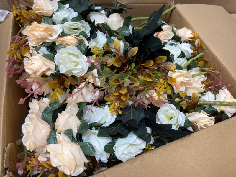 Photo 1 of Domensi 6 Sets Wedding Centerpiece for Table Artificial Rose with Vase Fake Bouquets and Metal Pot Floral Arrangements for Holiday Party Event Table Decor (Champagne)
