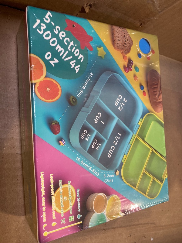 Photo 1 of QQKO Bento Box for Kids, Bento Box Adult Lunch Box, Lunch Containers for Kids Girls Boys with 5 Compartments, Lunchable Food Container with Utensils, Sauce Jar, 1300ML, Blue