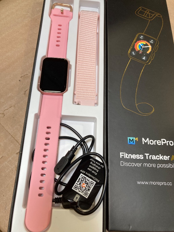 Photo 1 of MorePro Health Fitness Tracker with Blood oxy-gen Monitor and 24/7 Heart Rate and Blood Pressure, Sleep Monitor, 120+ Sport Modes Waterproof Fitness Watch for Women Men Android iOS, Pink