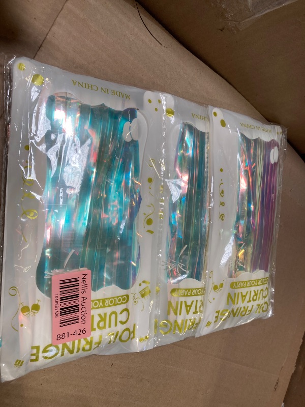 Photo 1 of Voircoloria Iridescent Party Backdrop 3Packs Transparent Tinsel Foil Fringe Curtain for Frozen Mermaid Sea Birthday Party Decorations, 3.3x8.2ft Streamers Backdrops