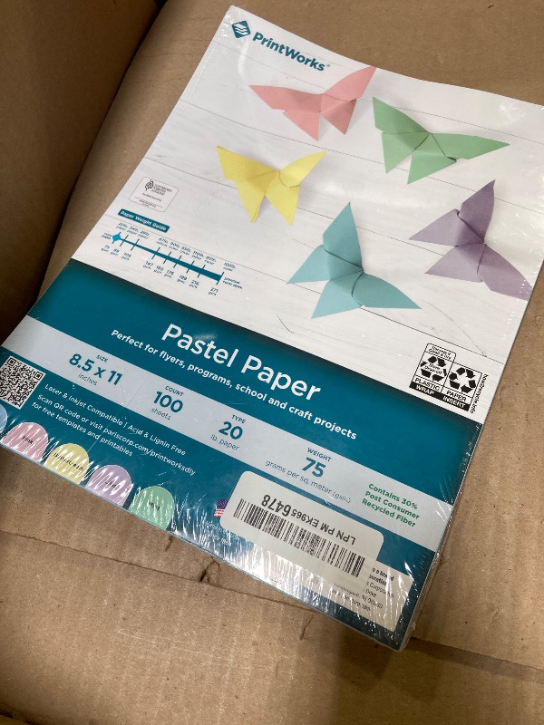 Photo 1 of Printworks Pastel Paper, 20 lb, 5 Assorted Pastel Colors, 30% Recycled Color Printer Paper, SFI Certified, Perfect for School and Craft Projects, 100 Sheets, 8.5 x 11 Inch (00577)