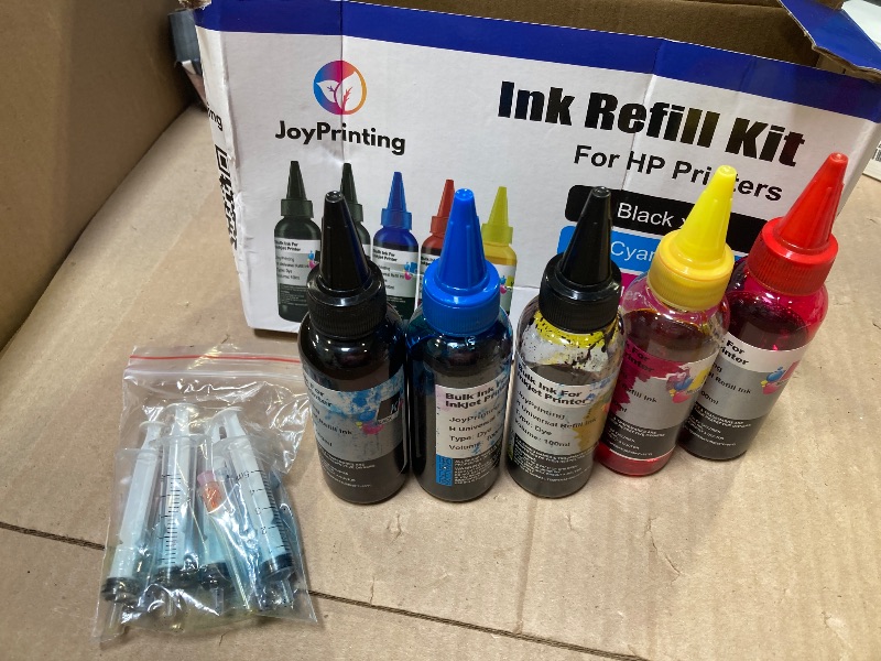 Photo 1 of JoyPrinting Ink Refill Kit for HP Printer Cartridges HP 67 67XL 60 61 62 63 65 65XL 910 950 951 952 962 932 933 920 901 902 Refillable Ink Cartridges CISS System (100ml, Black, Cyan, Magenta, Yellow)