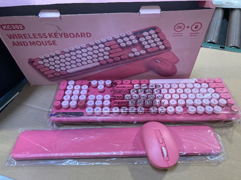Photo 1 of Wireless Keyboard and Mouse Combo - Round Keycaps, Full-Size Retro Typewriter Keyboard with Detachable Wrist Rest, Sleep Mode & Tilt Legs, 2.4GHz Cordless Connection for Mac/Windows/PC (Hot Pink)
