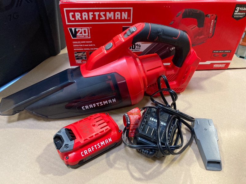 Photo 1 of Craftsman V20 Cordless Hand Vacuum, 45 CFM, 2 Stage Filtration System with Filter, Battery and Charger Included (CMCVH001C1)