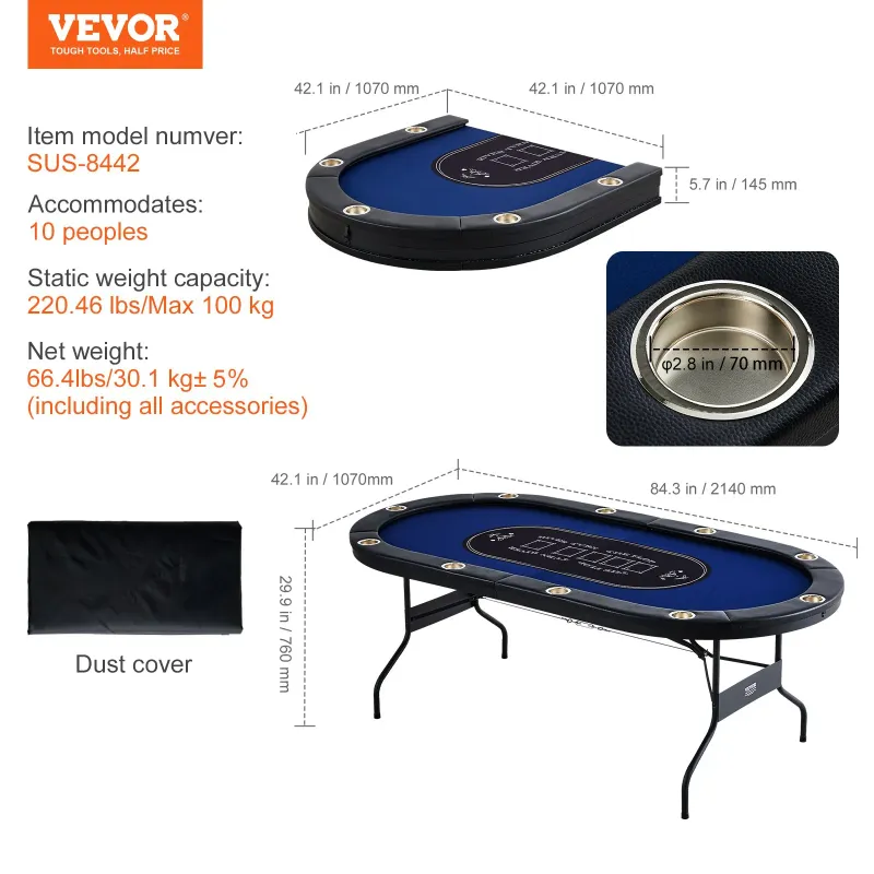 Photo 1 of VEVOR 10 Player Foldable Poker Table, Blackjack Texas Holdem Poker Table with Padded Rails and Stainless Steel Cup Holders, Portable Folding Card Board Game Table, 84" Oval Casino Leisure Table
