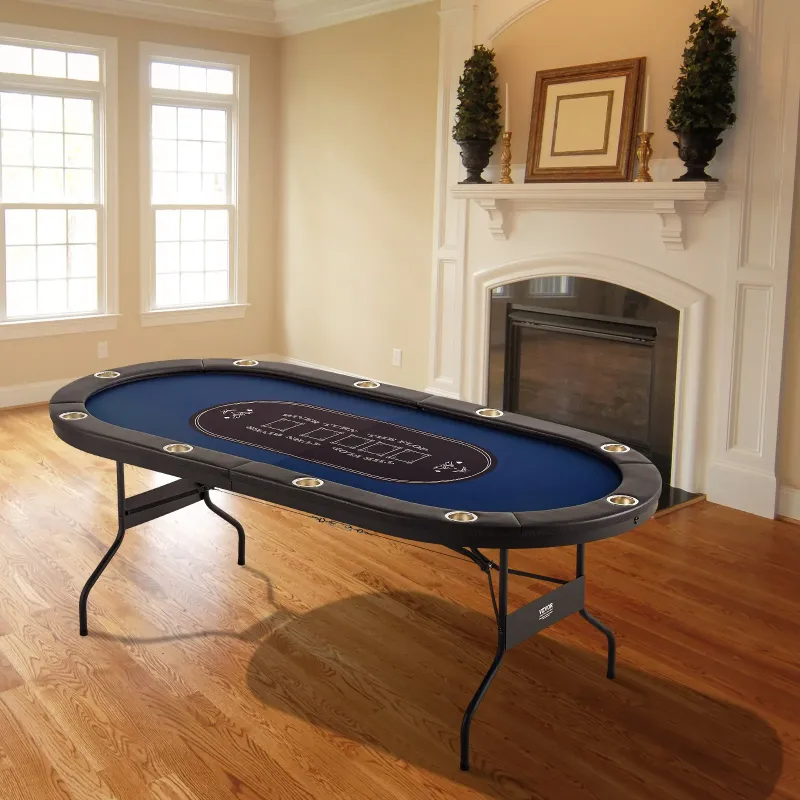 Photo 1 of VEVOR 10 Player Foldable Poker Table, Blackjack Texas Holdem Poker Table with Padded Rails and Stainless Steel Cup Holders, Portable Folding Card Board Game Table, 84" Oval Casino Leisure Table

