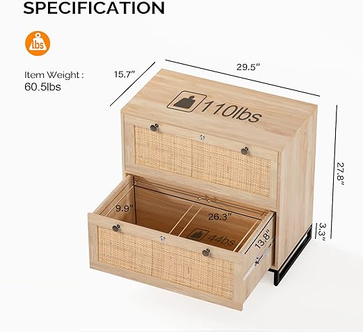 Photo 1 of Ktaxon Wood Rattan 2-Drawer Lateral File Cabinet with Lock for Home Office Lockable Filing Cabinet with Rustic Metal Handles Oak
