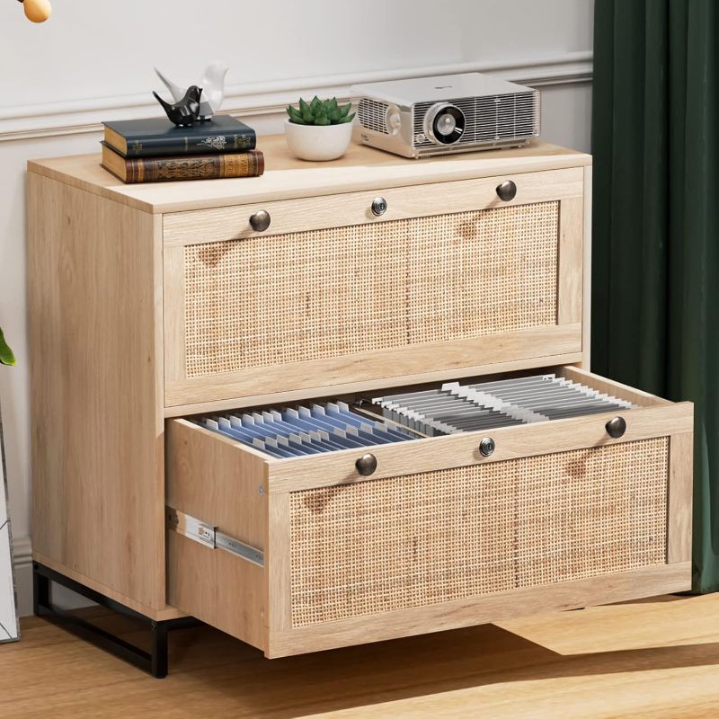 Photo 1 of Ktaxon Wood Rattan 2-Drawer Lateral File Cabinet with Lock for Home Office Lockable Filing Cabinet with Rustic Metal Handles Oak

