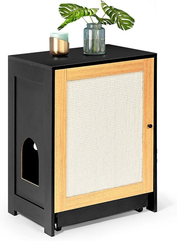 Photo 1 of Hidden Cat Litter Box Enclosure Furniture - Disguised Cat Washroom Cabinet with Sisal Scratcher Door, Storage Shelf & Wheels, Light Oak Modern End Table for Living Room/Bedroom
