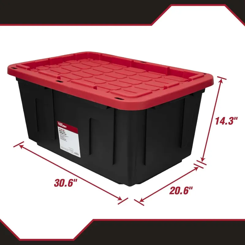 Photo 1 of Hyper Tough 27 Gallon Stackable Snap Lid Plastic Storage Bin Container Black with Red Lid Set of 4
