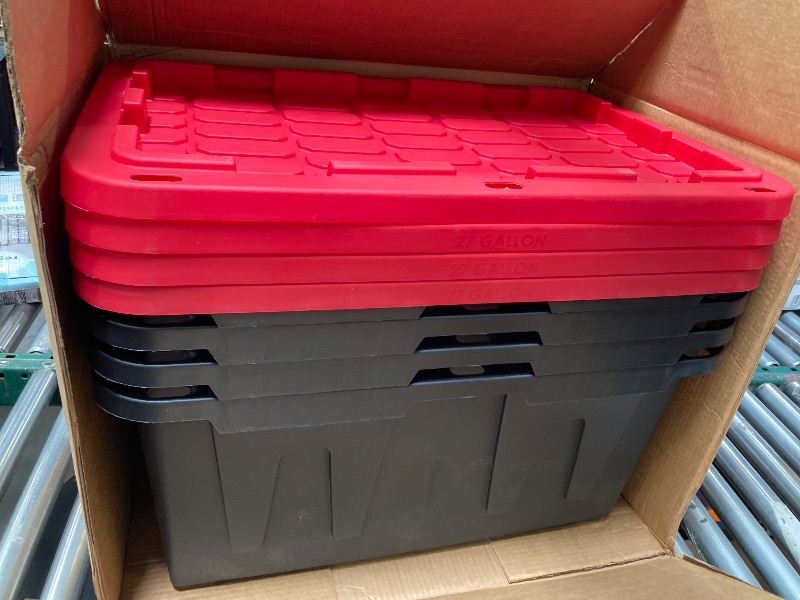 Photo 1 of Hyper Tough 27 Gallon Stackable Snap Lid Plastic Storage Bin Container Black with Red Lid Set of 4
