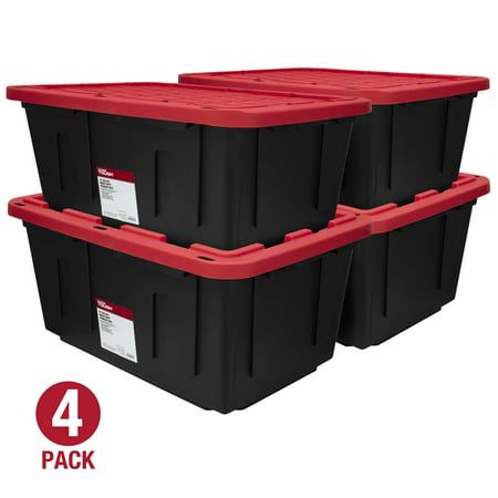 Photo 1 of Hyper Tough 27 Gallon Stackable Snap Lid Plastic Storage Bin Container Black with Red Lid Set of 4