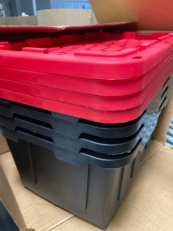 Photo 1 of Hyper Tough 27 Gallon Stackable Snap Lid Plastic Storage Bin Container Black with Red Lid Set of 4
