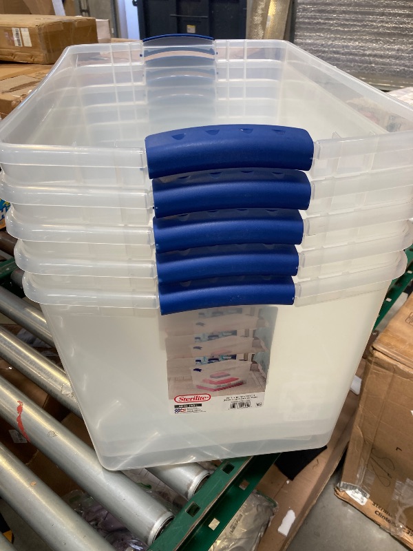 Photo 1 of 5pcs---Sterilite 66 Qt. Clear Plastic Latch Box Blue Latches --no Clear Lid
