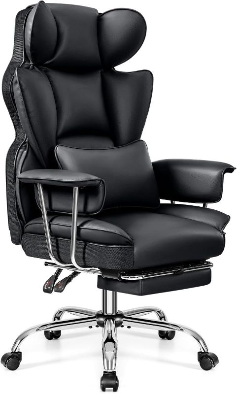Photo 1 of Office Desk Chair, Big and Tall Executive Office Chair with Footrest, Leather Computer Chair, Ergonomic Reclining Chair High Back with Lumbar Support, Large Home Office Chair (Black)