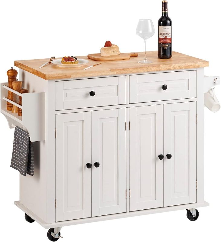 Photo 1 of VEVOR Kitchen Island Cart with Solid Wood Top, 35.4" Width Mobile Carts with Storage Cabinet, Rolling Kitchen Table with Spice Rack, Towel Rack, and Drawer, Portable Islands on Wheels, White