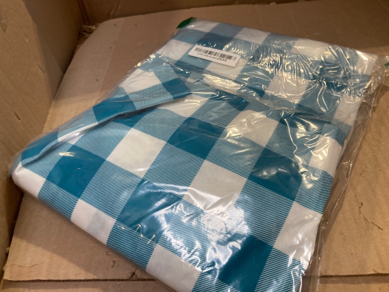 Photo 1 of Smiry Rectangle Picnic Table Cloth, Elastic Waterproof Fitted Vinyl Tablecloths, Flannel Backed Buffalo Plaid Table Covers for Dining, Camping, Outdoor (White and Turquoise, 30" x 72")
