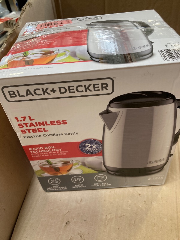 Photo 1 of BLACK+DECKER 1.7L Cordless Electric Kettle, KE1700SD, Rapid Boil, Auto Shutoff, Stainless Steel
