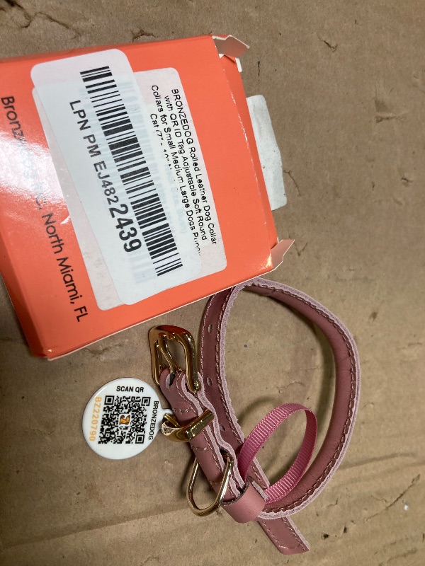 Photo 1 of 1pc  BronzeDog Rolled Leather Dog Collar with QR ID Tag, Adjustable Soft Round Collars for Small Medium Large Dogs Puppy (7" - 10" Neck Size, Blush)
