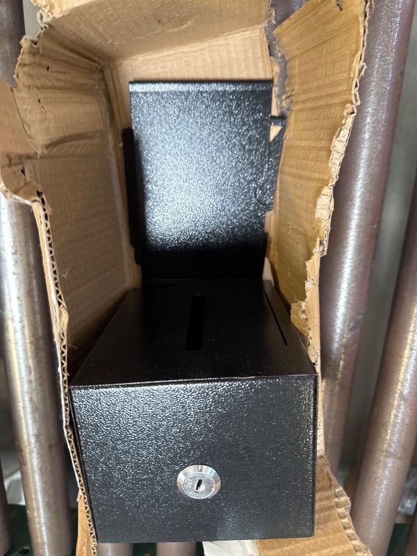 Photo 1 of LINSIRON Black Metal Donation Box with Lock,2 pcak raffle ticket box donation boxes for fundraising,tip jar,Suggestion Box with Sign Holder,Multi-Use Secure Storage with 2 Keys,6.3x4.72x3.94 Inch