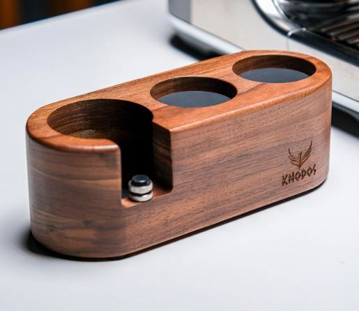 Photo 1 of 58mm Espresso Tamper Station Rosewood KNODOS Espresso Machine Accessories For Coffee Bar Wooden Coffee Tamping Box and Portafilter Holder

