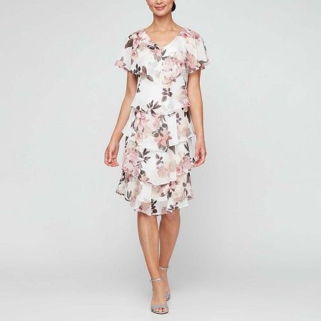 Photo 1 of S. L. Fashions Womens Short Sleeve Floral MIDI Shift Dress, 12, White