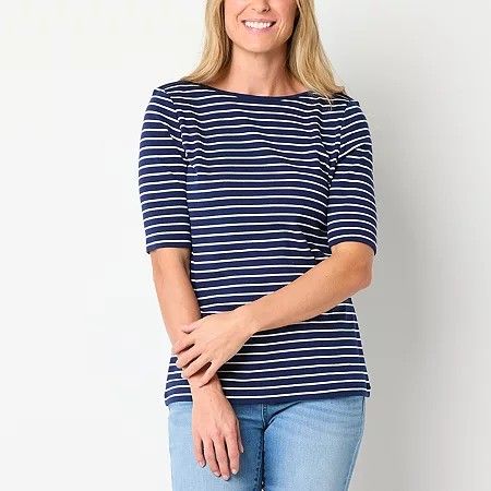 Photo 1 of St. John's Bay Womens Tall Boat Neck Elbow Sleeve T-Shirt, X-large Tall, Blue