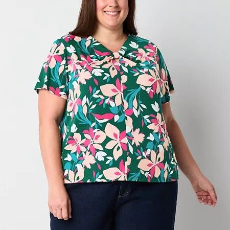 Photo 1 of Liz Claiborne Plus Womens Keyhole Neck Short Sleeve Blouse, 3x, Green